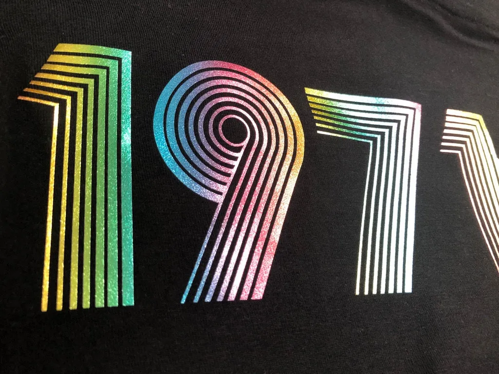 1971 T Shirt Funky Effect Vinyl HTV Rainbow Glitter, 51st Birthday Gift T-Shirt in Retro & Vintage 70s style Unisex Tee Shirt Top