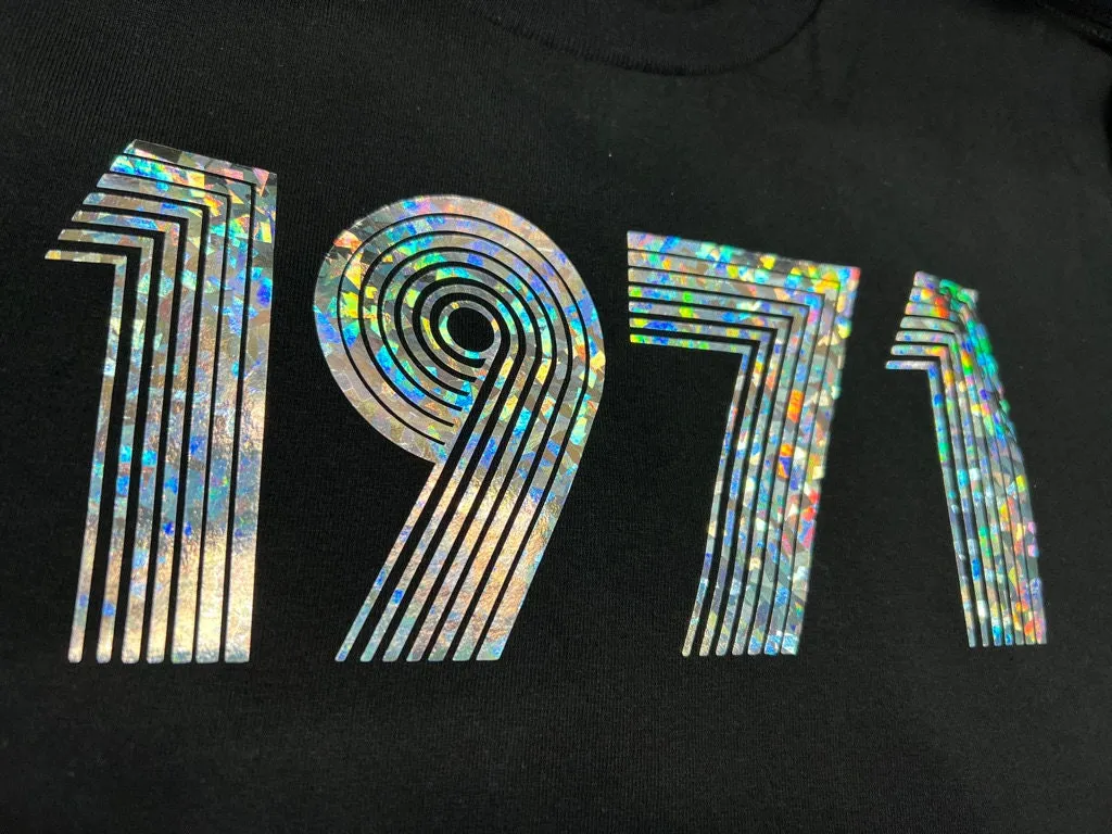 1971 T Shirt Funky Effect Vinyl HTV Rainbow Glitter, 51st Birthday Gift T-Shirt in Retro & Vintage 70s style Unisex Tee Shirt Top