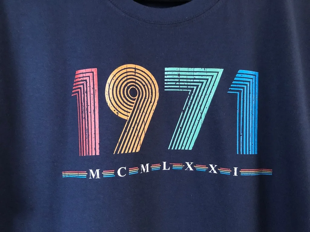 1971 Women's T Shirt, 51st Birthday Gift Ladies T-Shirt in Retro & Vintage 70s style, MCMLXXI Fiftieth Bday Fitted Fit Tee Shirt Top