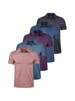 5pcs Men's Quick Dry Polo Shirt, Active Slightly Stretch Breathable Moisture Wicking Lapel Button Up Polo Shirt For Golf Outdoor