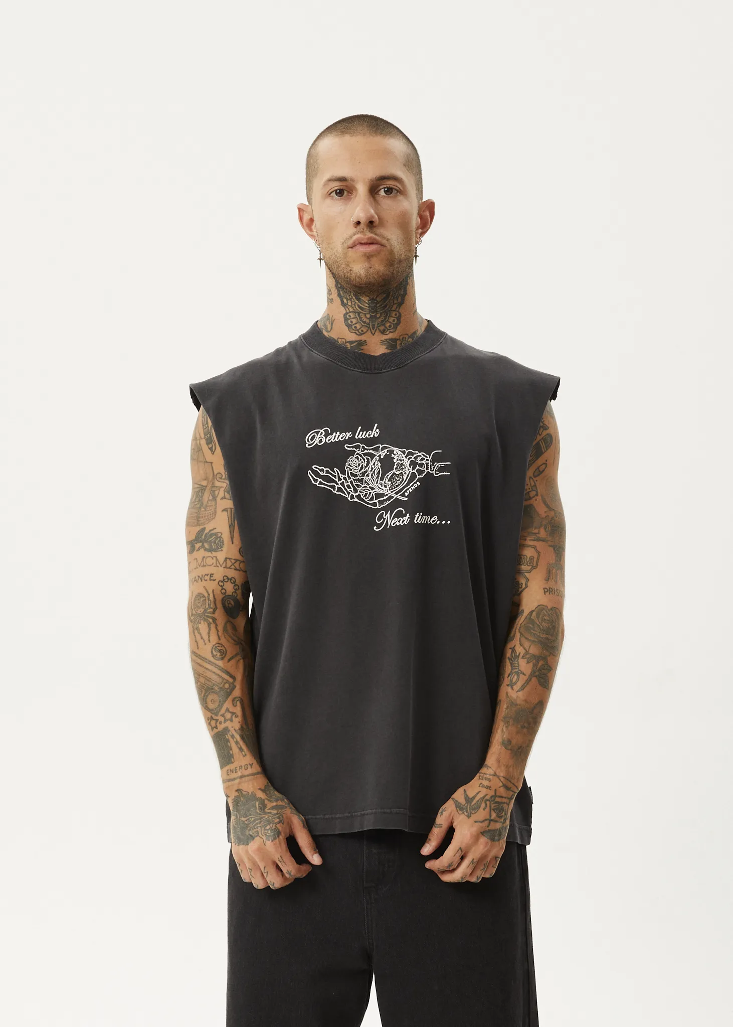 AFENDS Mens Bad Luck - Sleeveless Tee - Stone Black