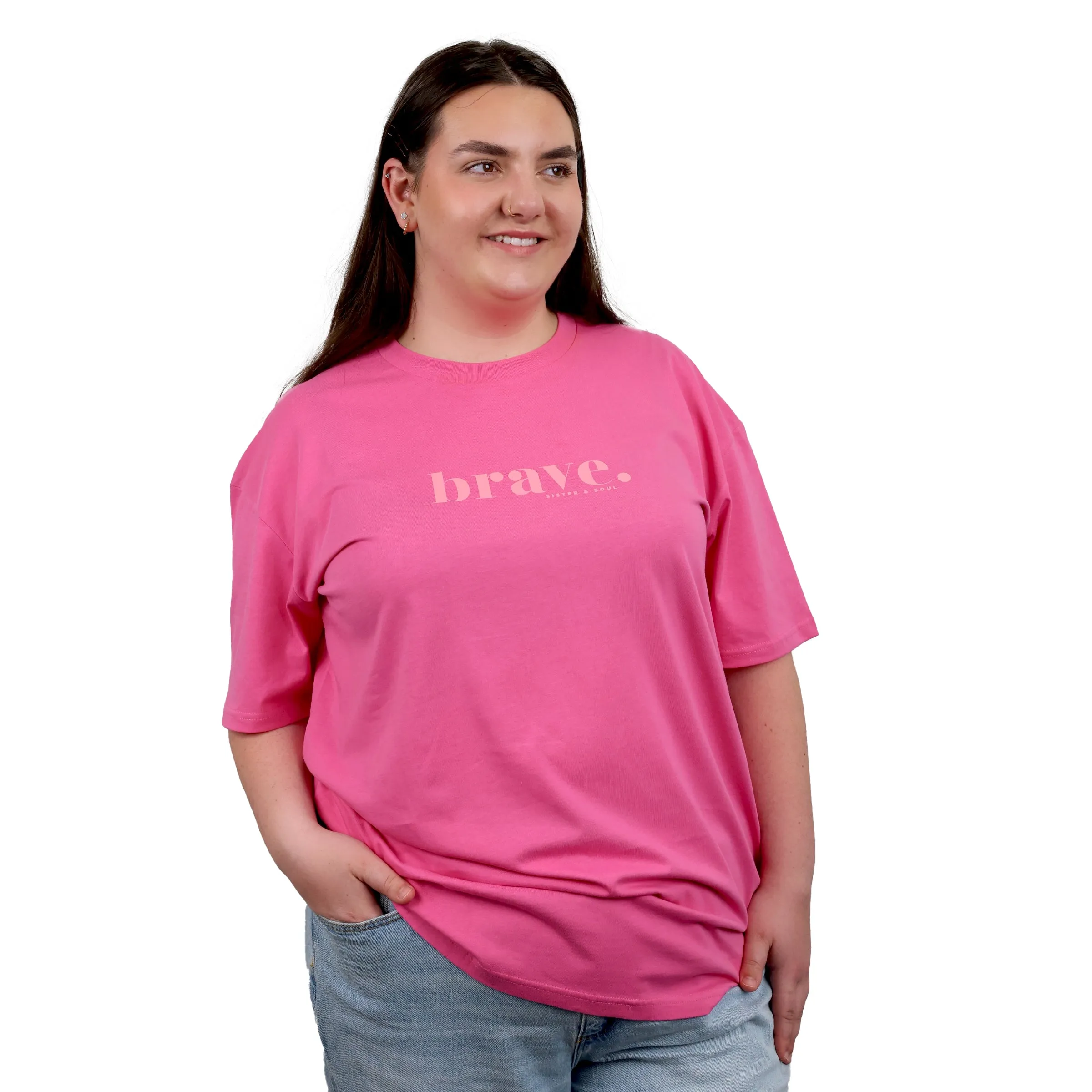 BRAVE - Plus Size Long Boxy Tee - Pop Pink with Pink Print