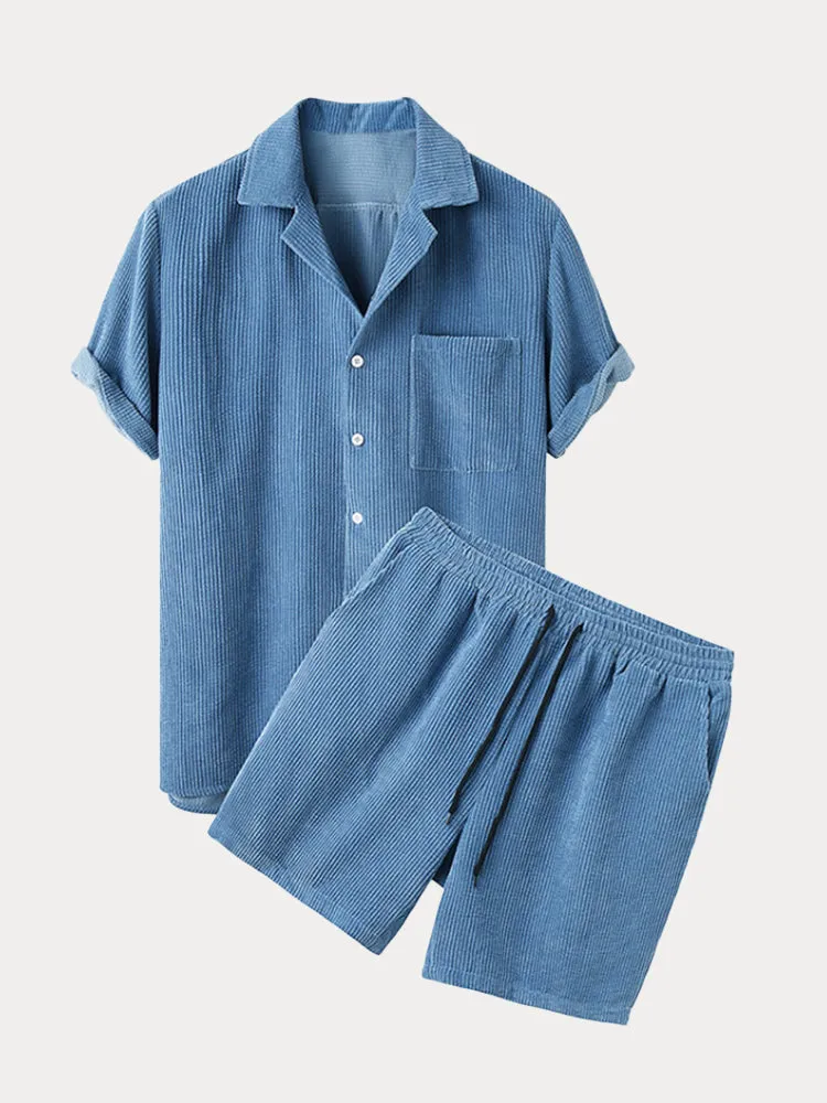 Casual Corduroy Shirt Shorts Set