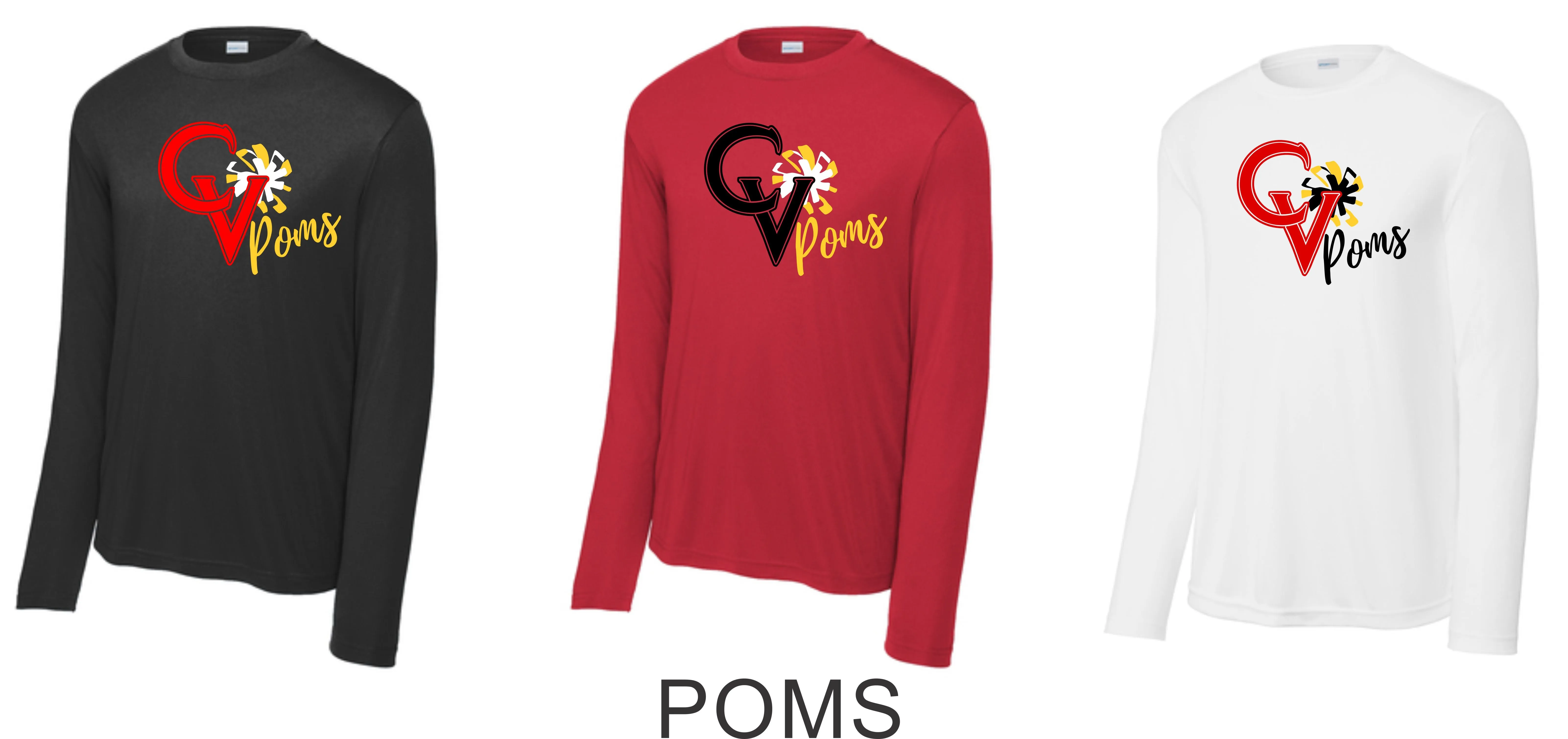 CV Poms Wicking Long Sleeve Tee- Youth, Ladies, Adult Sizes - 5 Designs