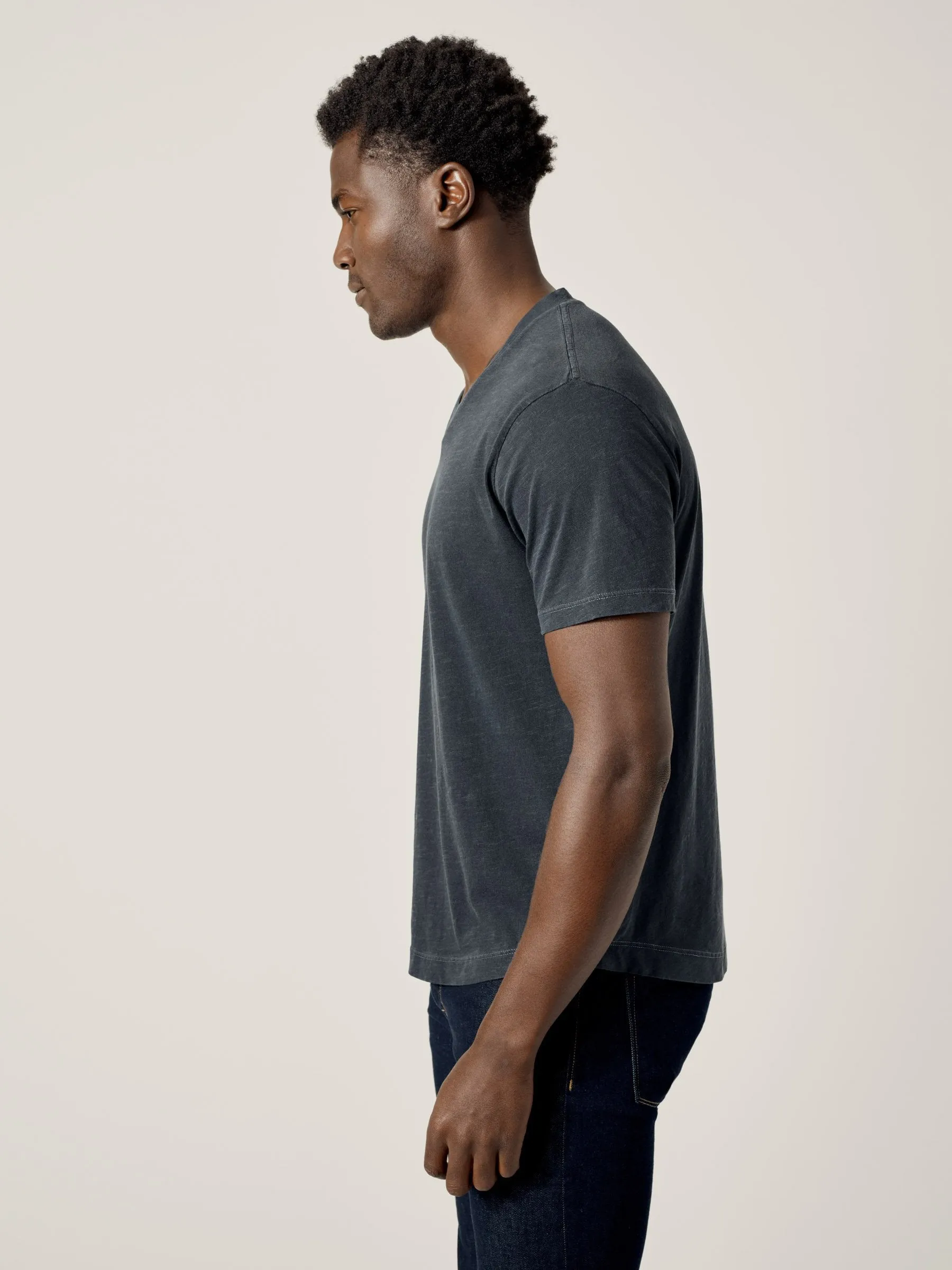 Dark Navy Venice Wash Slub Curved Hem V-Neck