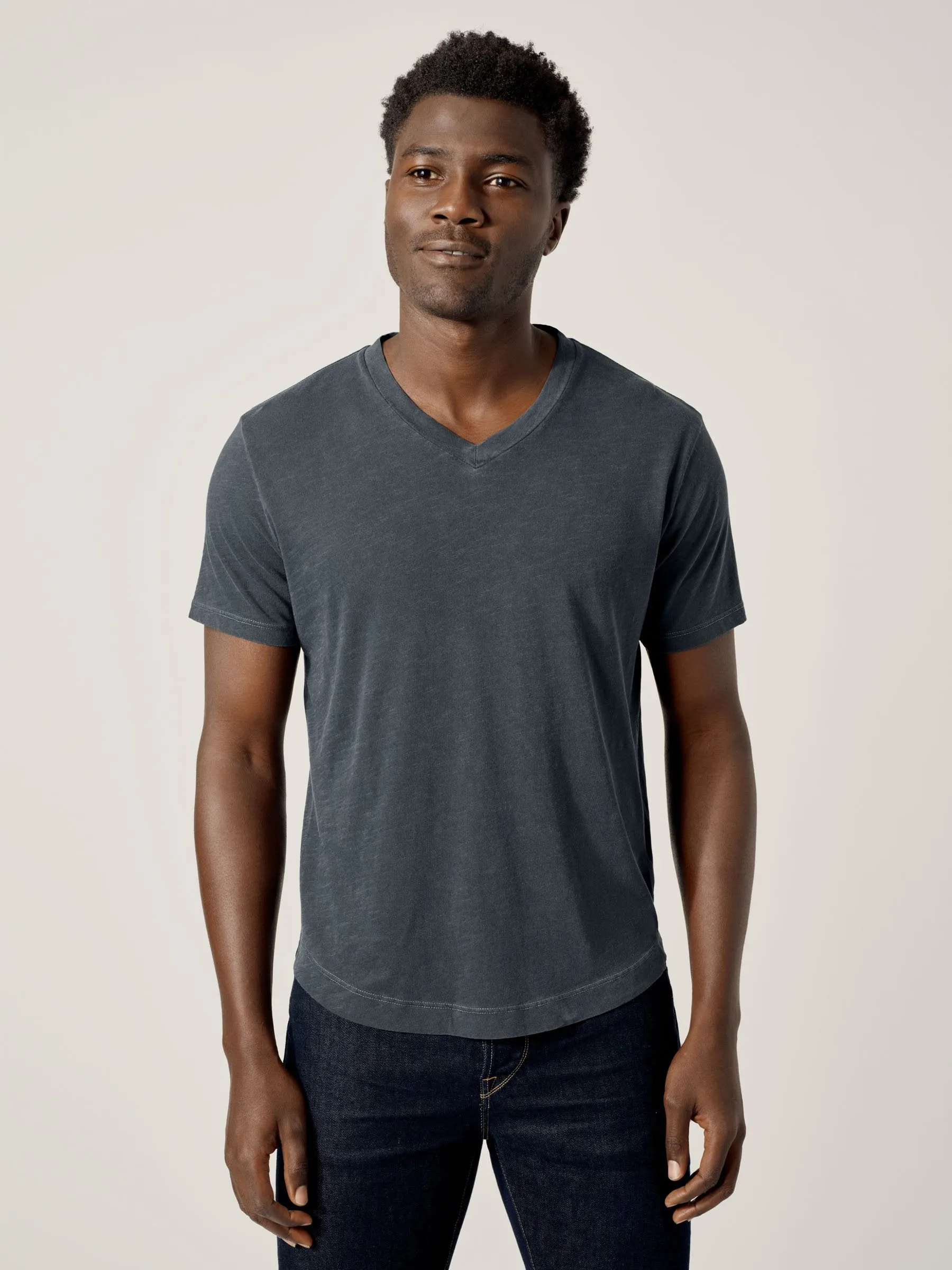 Dark Navy Venice Wash Slub Curved Hem V-Neck