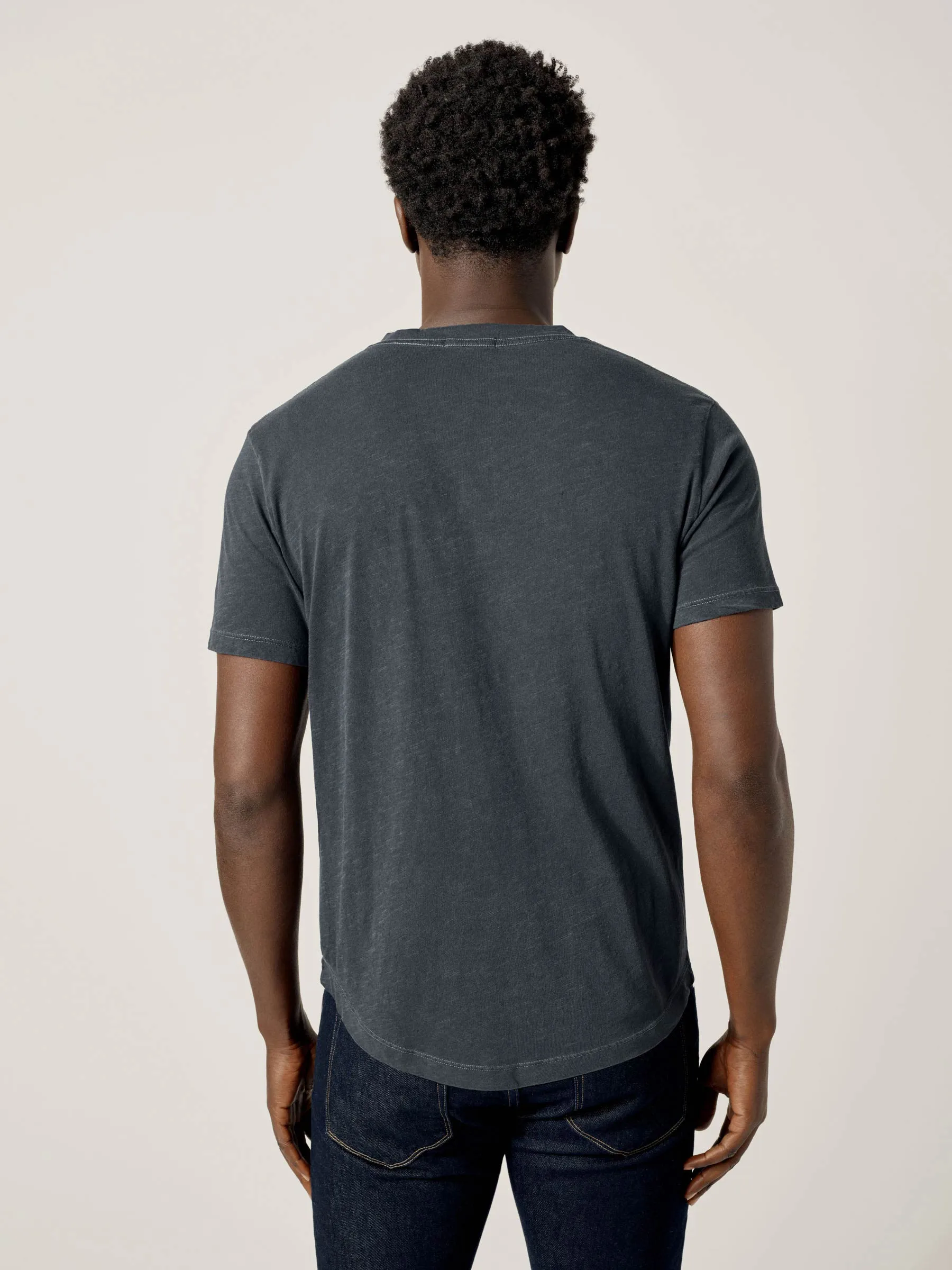 Dark Navy Venice Wash Slub Curved Hem V-Neck