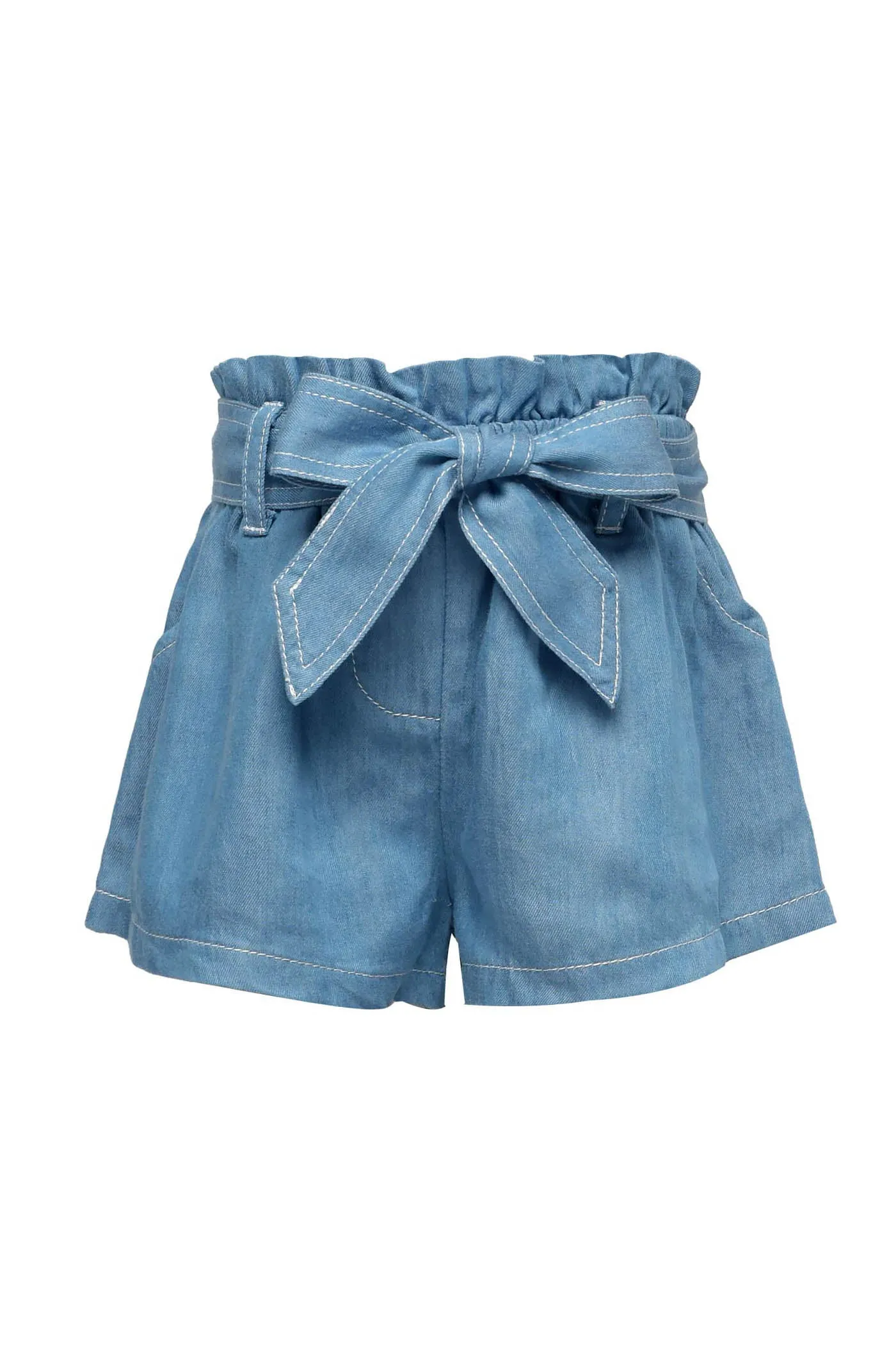 Denim Paperbag Shorts W/ Bow Belt