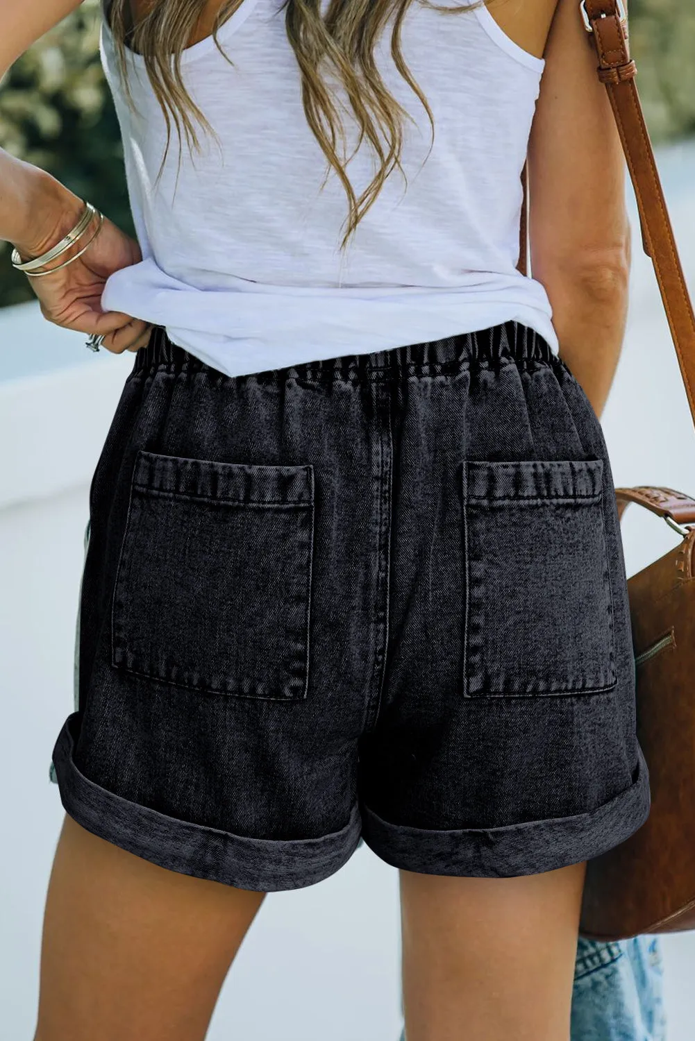 Denim Rolled Cuff Pocketed Shorts