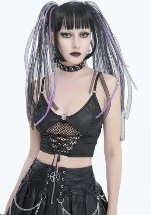 Devil Fashion Gothic Punk Crop Top - Black Leather with Fishnet Insert and O-Ring Detail (Women's)