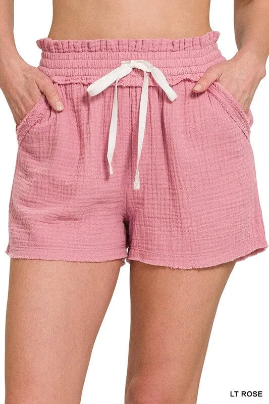 DOUBLE ELASTICBAND DRAWSTRING WAIST SHORTS