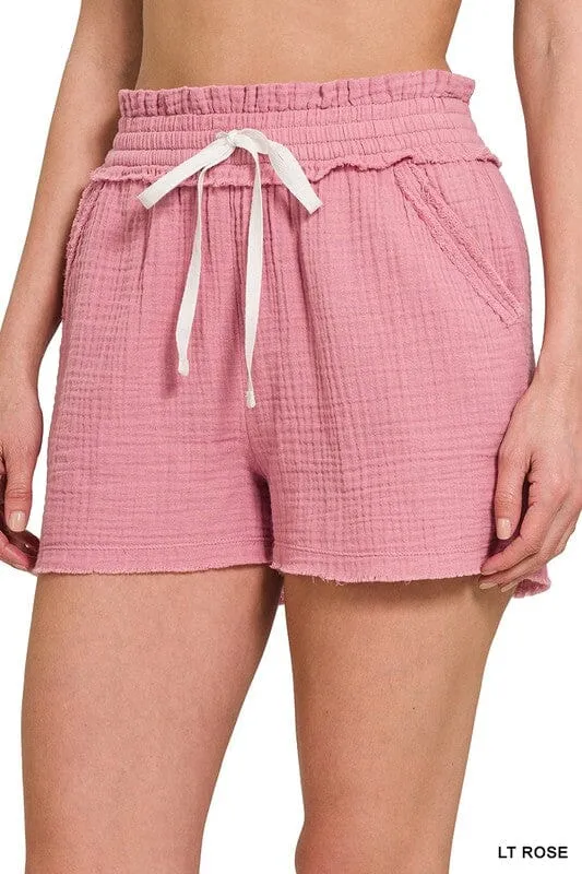 DOUBLE ELASTICBAND DRAWSTRING WAIST SHORTS