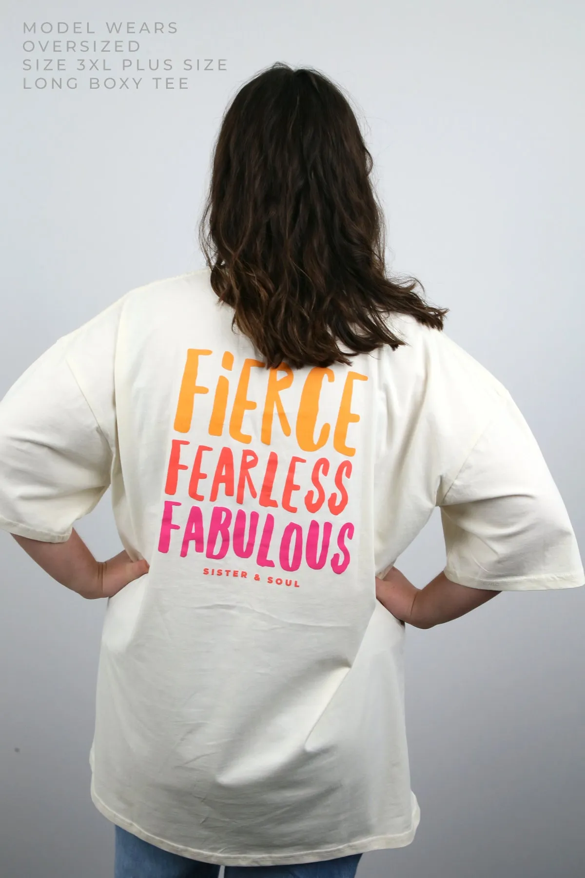 FIERCE FEARLESS FABULOUS  - Plus Size Long Boxy Tee - ECRU with Colourful Print