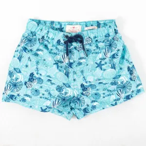 Girls Aqua Blue Under The Sea Print Swim Shorts with Drawstring & Elasticated Waist