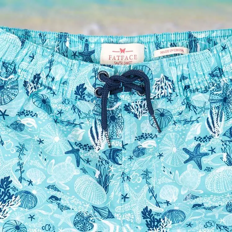 Girls Aqua Blue Under The Sea Print Swim Shorts with Drawstring & Elasticated Waist