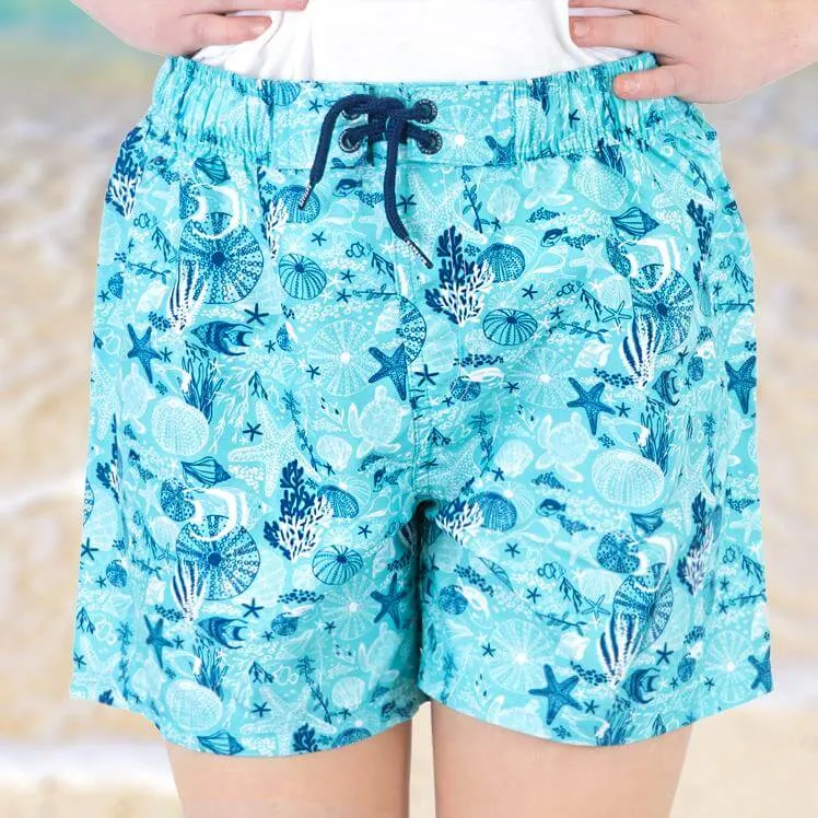 Girls Aqua Blue Under The Sea Print Swim Shorts with Drawstring & Elasticated Waist