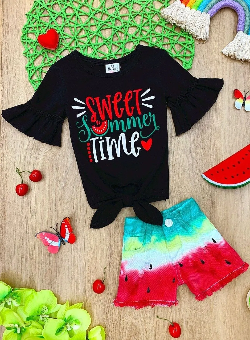 Girls "Sweet Summer Time" Ruffled Knot Top and Watermelon Denim Shorts Set