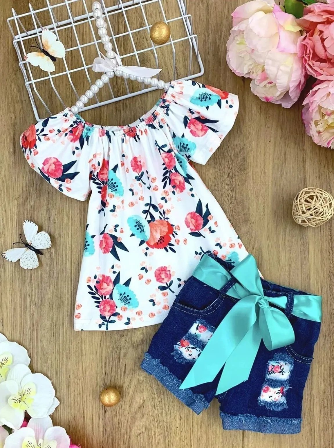 Girls Spring Mood Floral Tunic And Ripped Denim Short Set