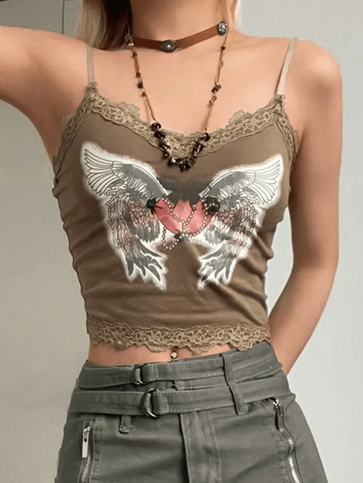 Lace Paneled Winged Heart Crop Cami Top