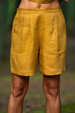 Linen Pleated Shorts BERGEN In Amber Yellow