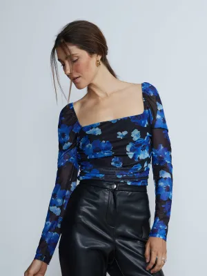 Long Sleeve Floral Ruched Mesh Top