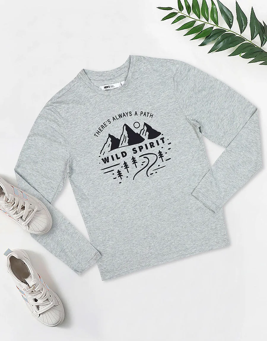 Men's Wild Spirit Long Sleeve Crew Neck T-Shirt-Grey