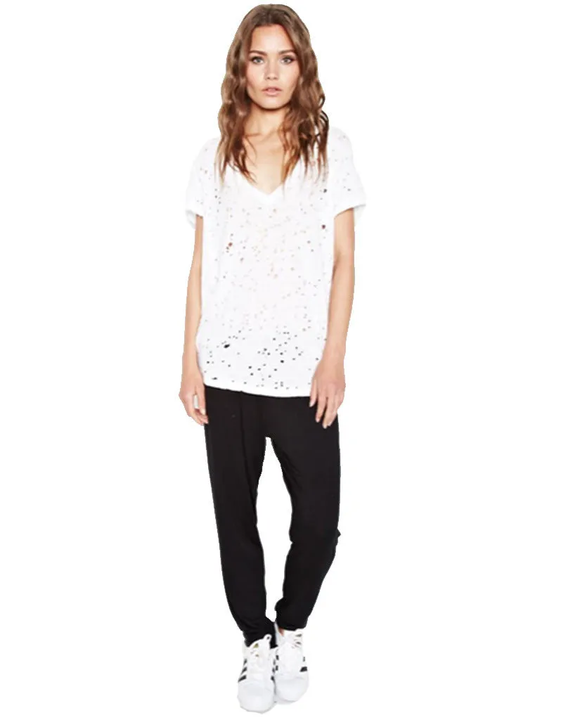 Michael Lauren Poet V-Neck Tee w/Holes in White