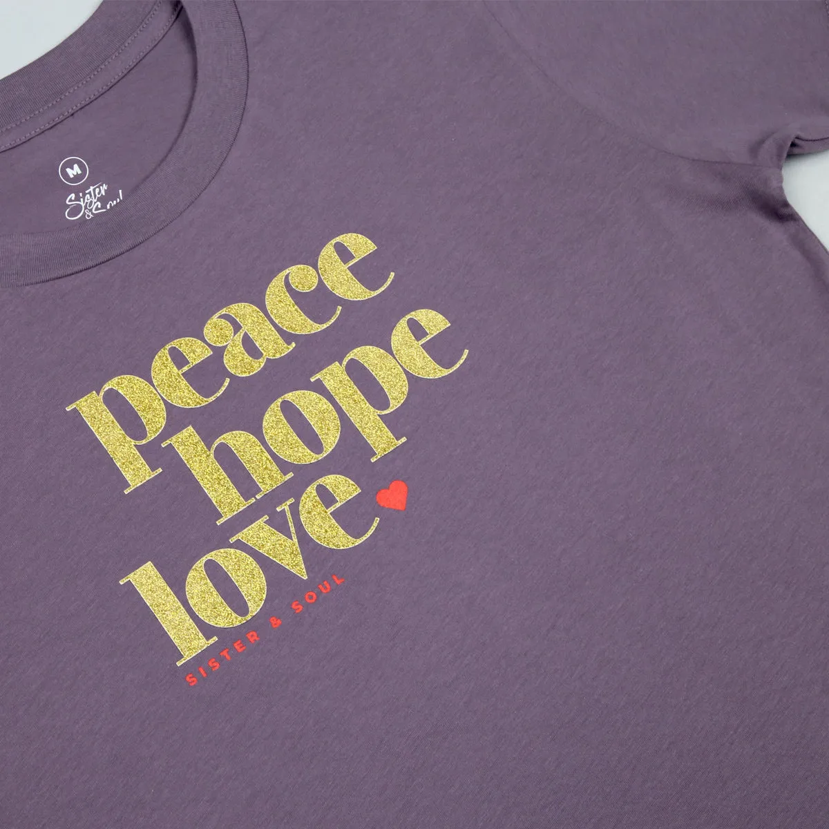 PEACE HOPE LOVE - Dusty Purple Cropped Wide Boxy Tee - Gold Glitter Print