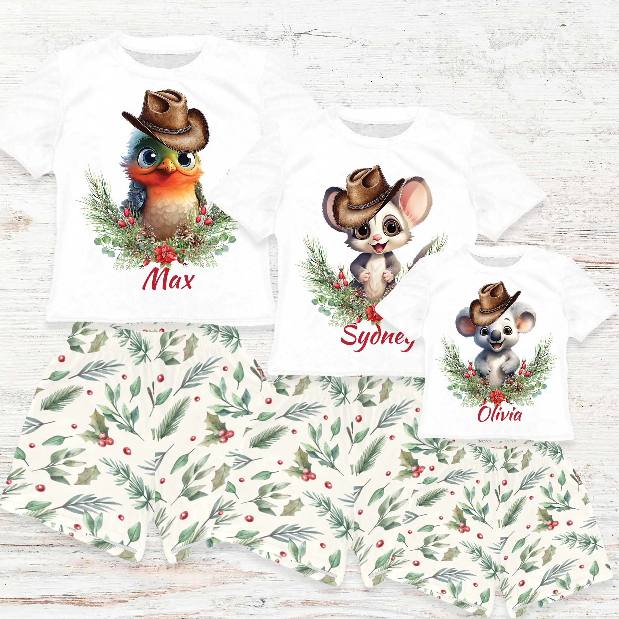 Personalised Australian Animals Country Christmas Matching Birthday Shirt and Short Sets