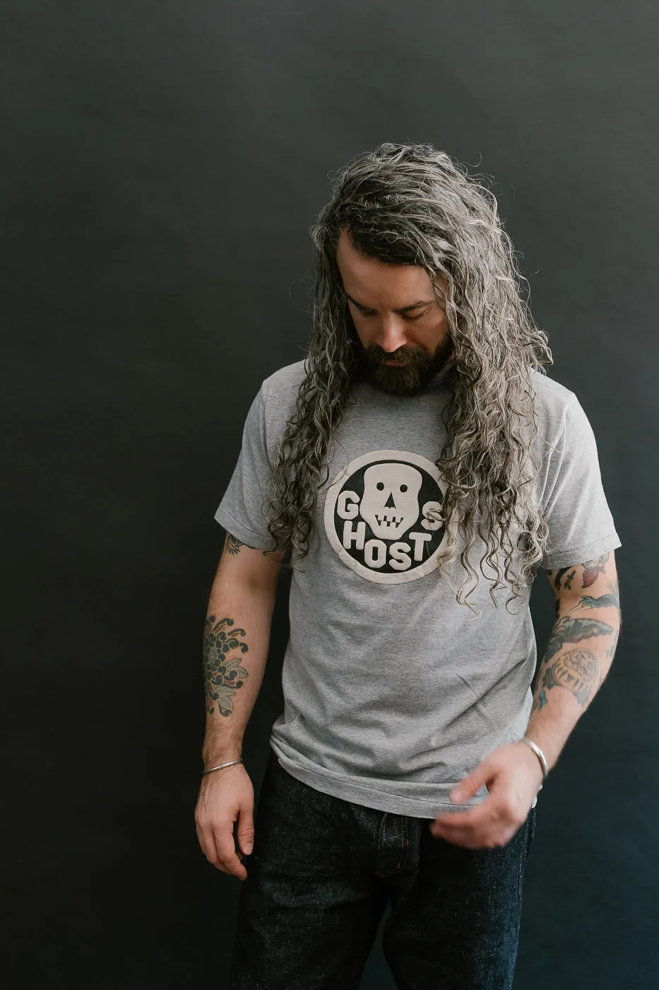 "Slub Jersey" Flocky Ghosts Print Tee - Heather Grey