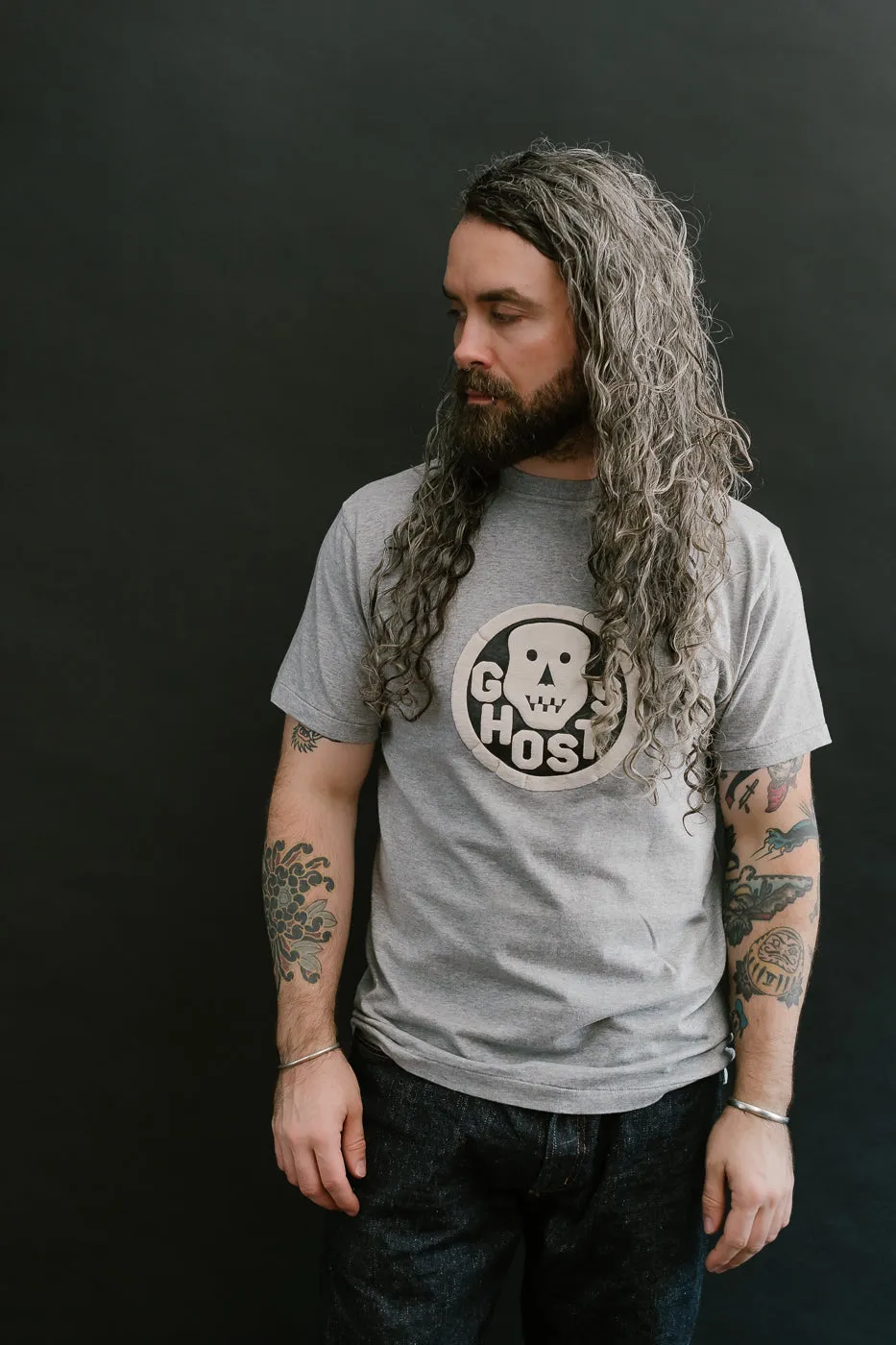 "Slub Jersey" Flocky Ghosts Print Tee - Heather Grey