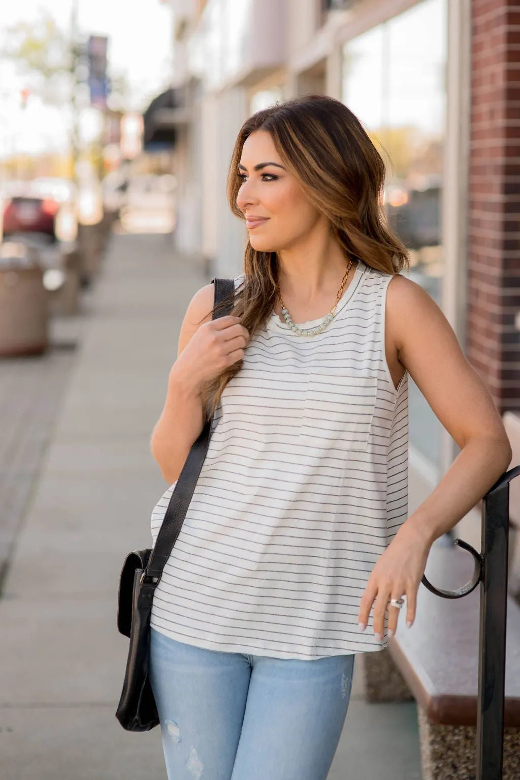 Relaxed Thin Striped Pocket Tank