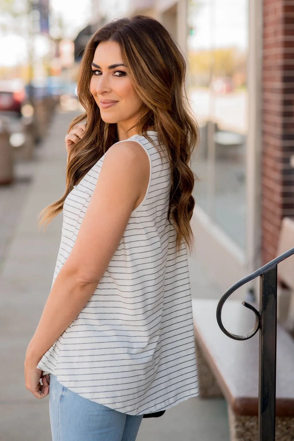 Relaxed Thin Striped Pocket Tank