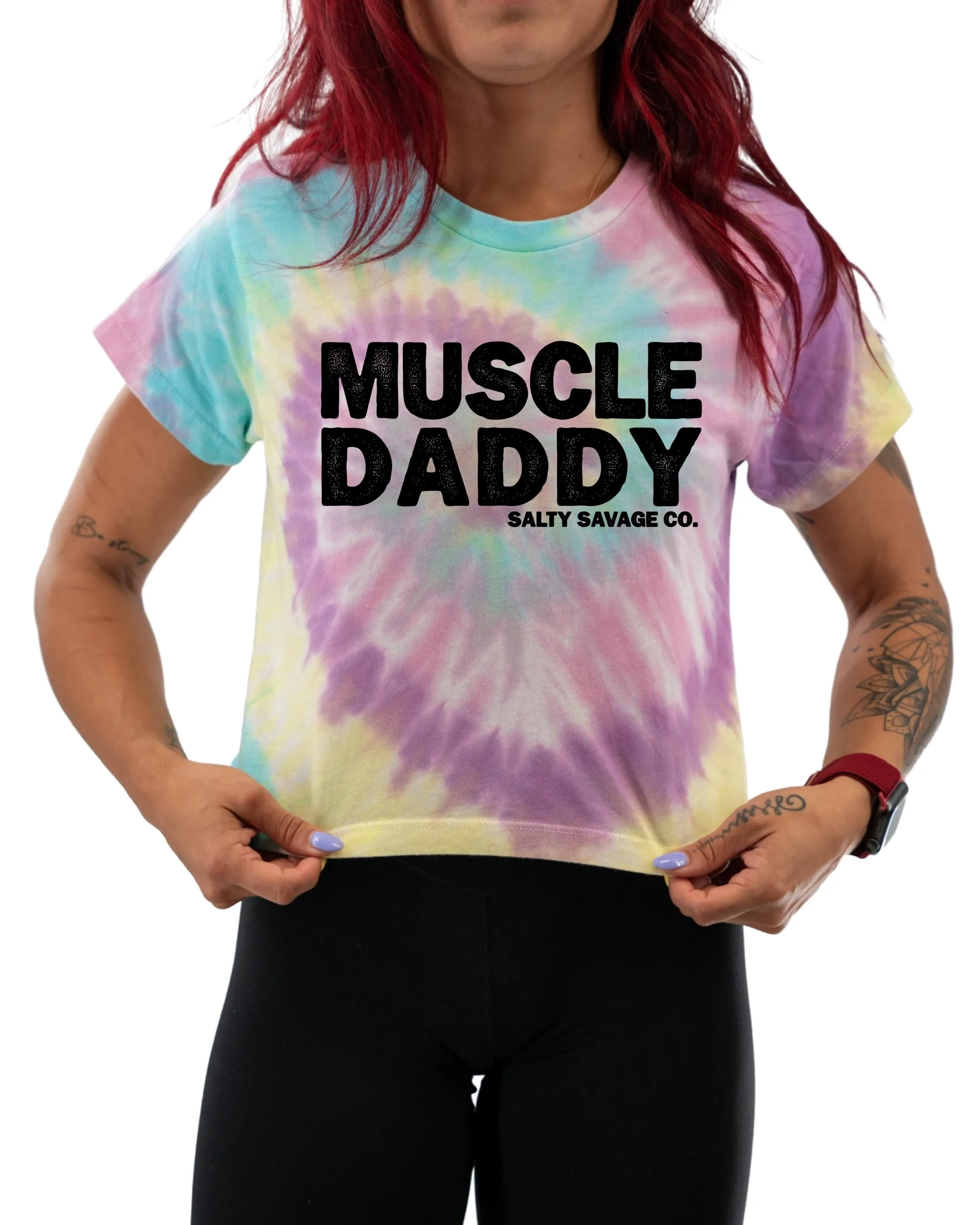 Salty Savage Ladies "MUSCLE DADDY" Spiral Tie Dye Crop Tee