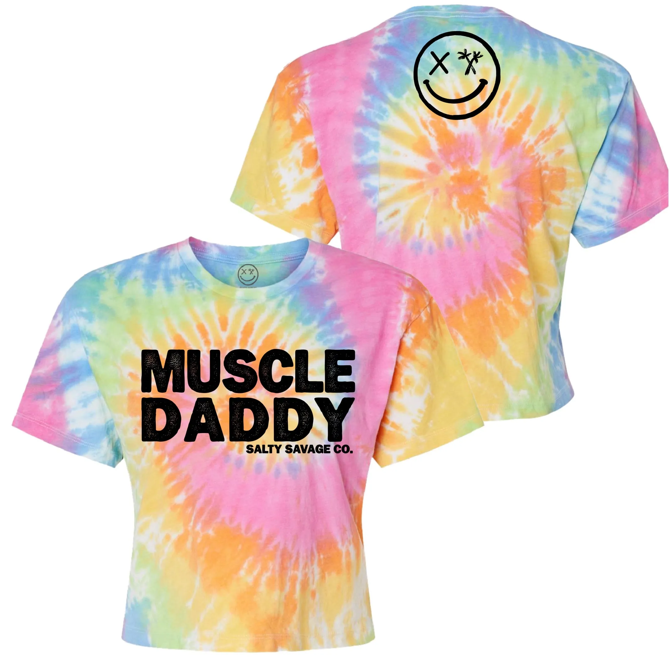 Salty Savage Ladies "MUSCLE DADDY" Spiral Tie Dye Crop Tee