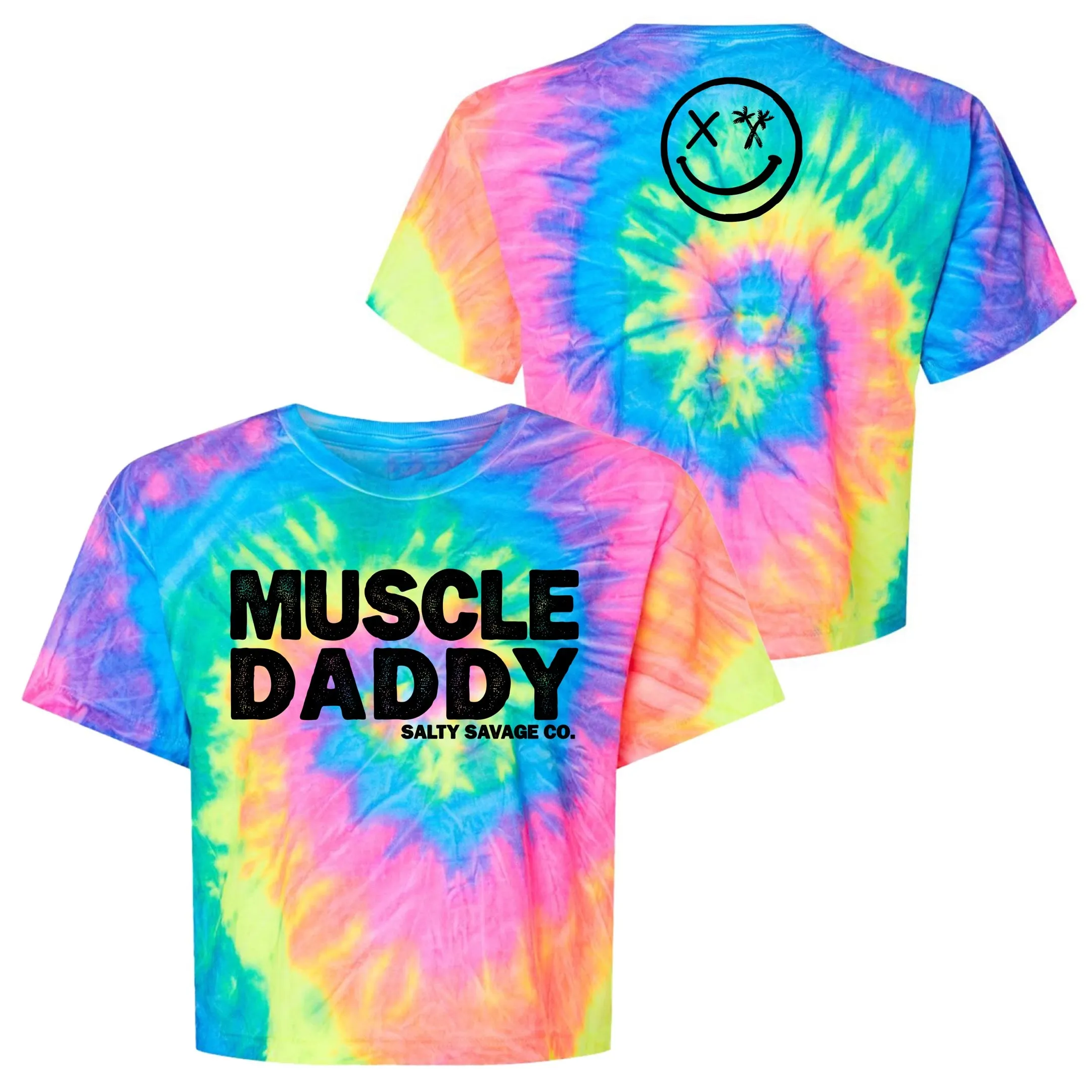 Salty Savage Ladies "MUSCLE DADDY" Spiral Tie Dye Crop Tee