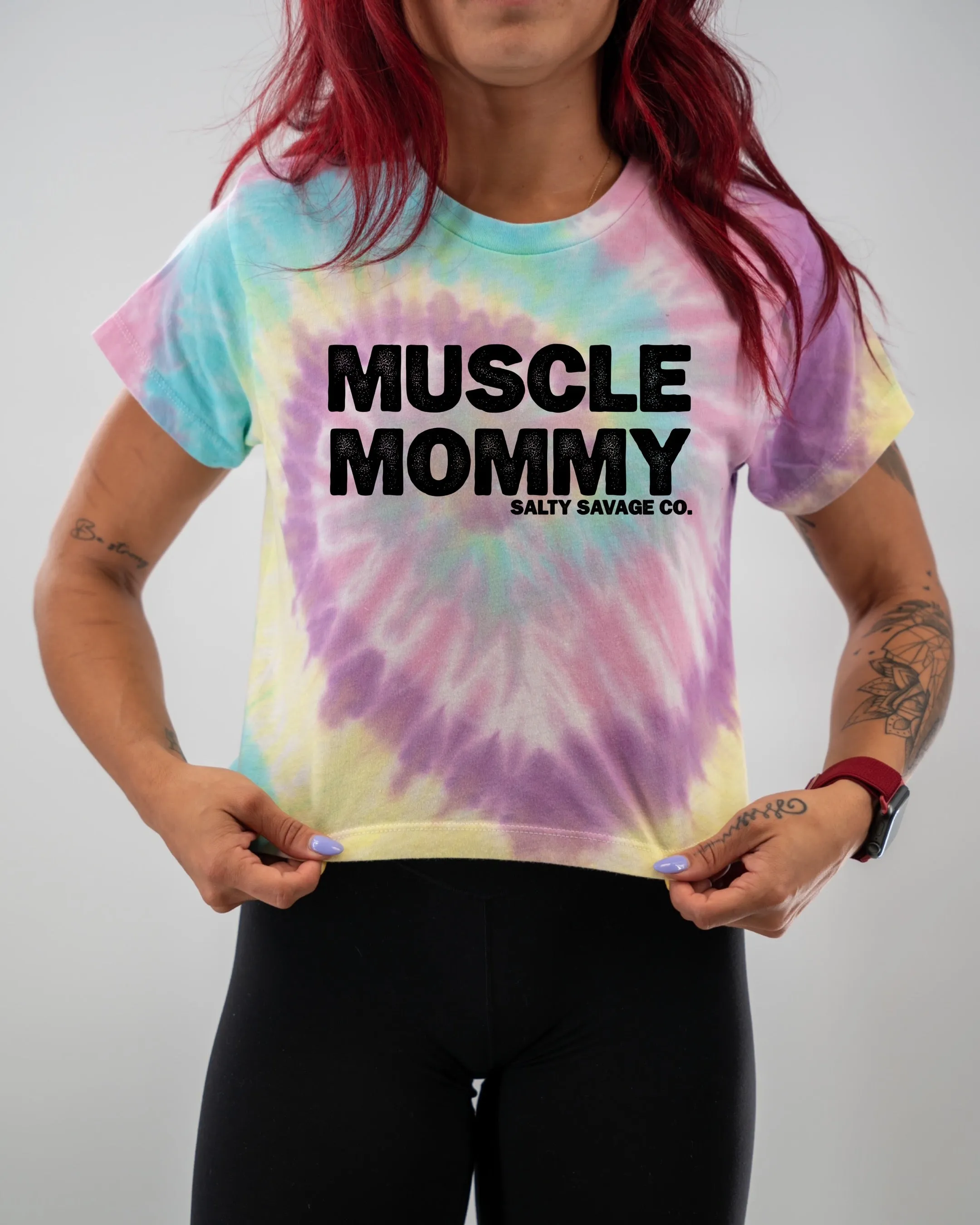 Salty Savage Ladies "MUSCLE MOMMY" Spiral Tie Dye Crop Tee