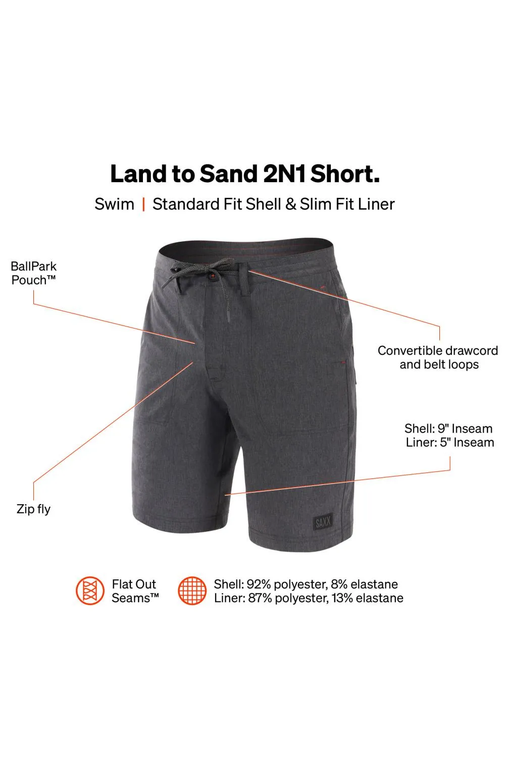 SAXX Land To Sand 2N1 Hybrid 9" Swim Shorts SXSW79L-BSH (Black Shade Heather)