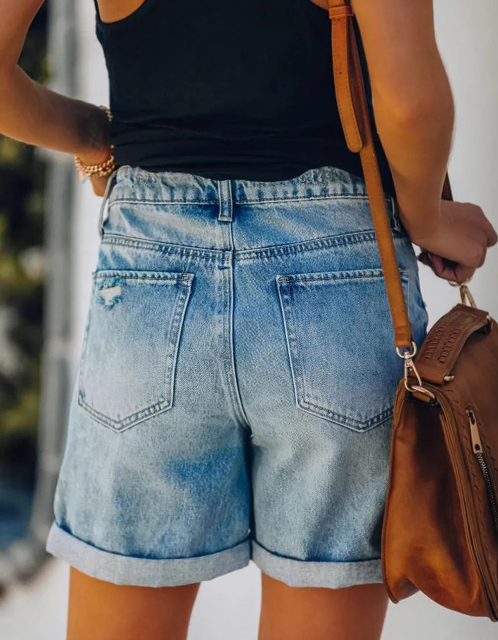 Solid-color Button Pocket Hottie Ripped Denim Shorts