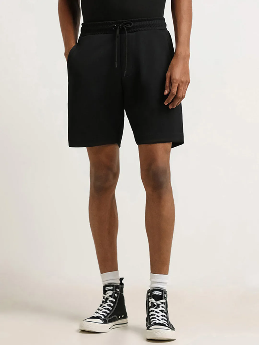 Studiofit Black Self Patterned Cotton Blend Relaxed Fit Shorts