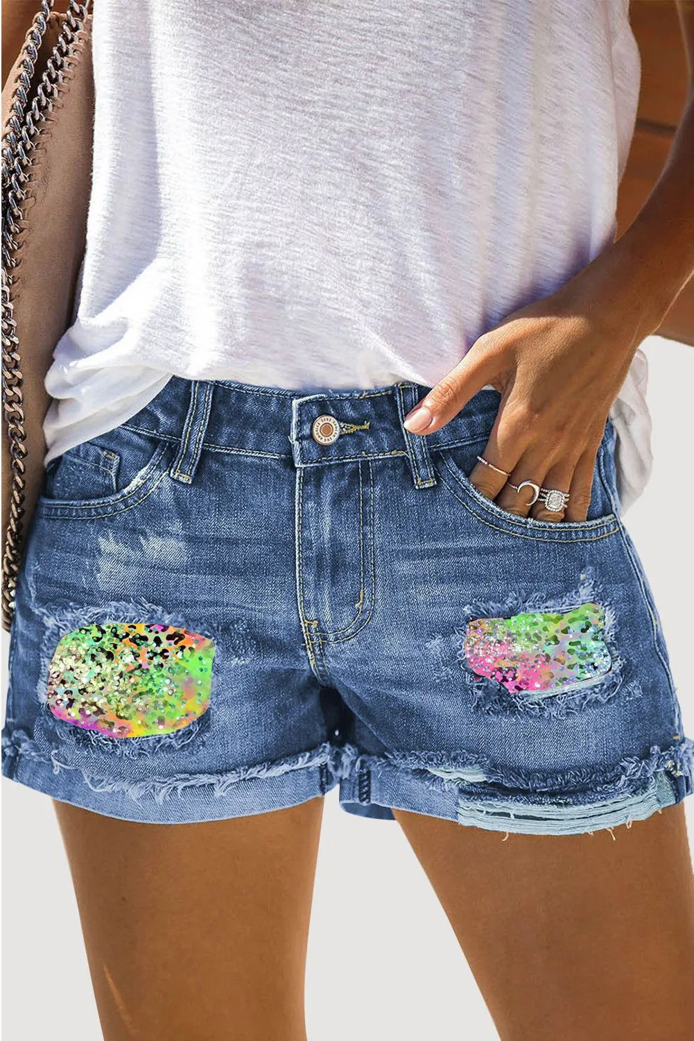 Women Leopard Ombre Distressed Casual Denim Jeans Shorts Denim shorts