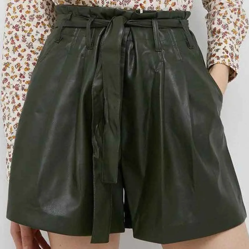 Womens High Waist Green Leather Shorts with Tie